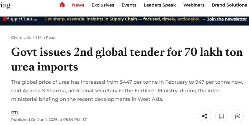 India második globális karbamidtendert írt ki a kharif szezonra, 7 millió tonnára keresve.